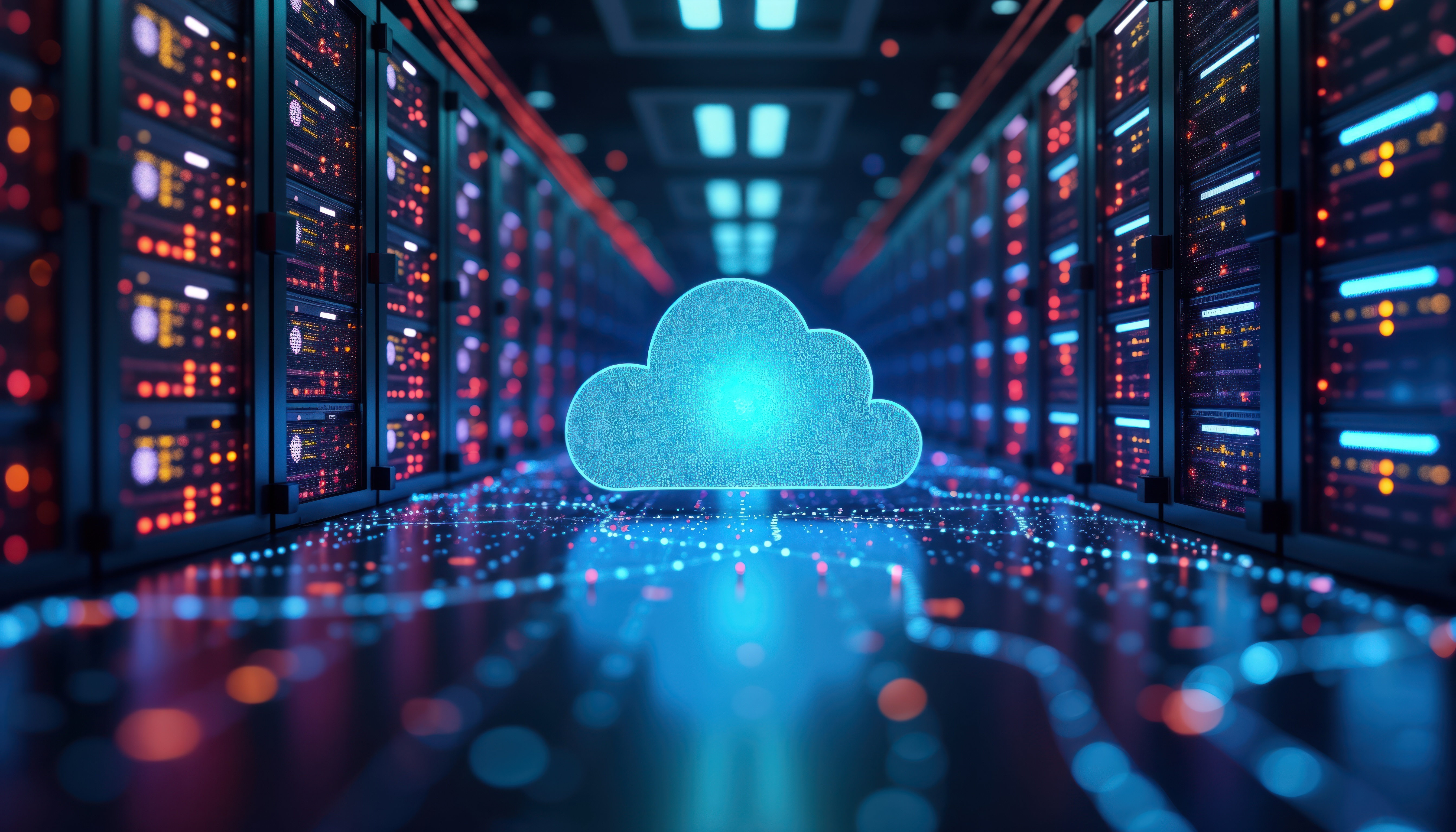 Cette image représente le cloud et des data centers dans l'obscurité.